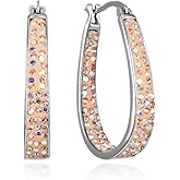 Crystal Hoop Earrings - Silver Plated Inside Out Oval Shape Hoop Earrings for Women, 1.2 Inch