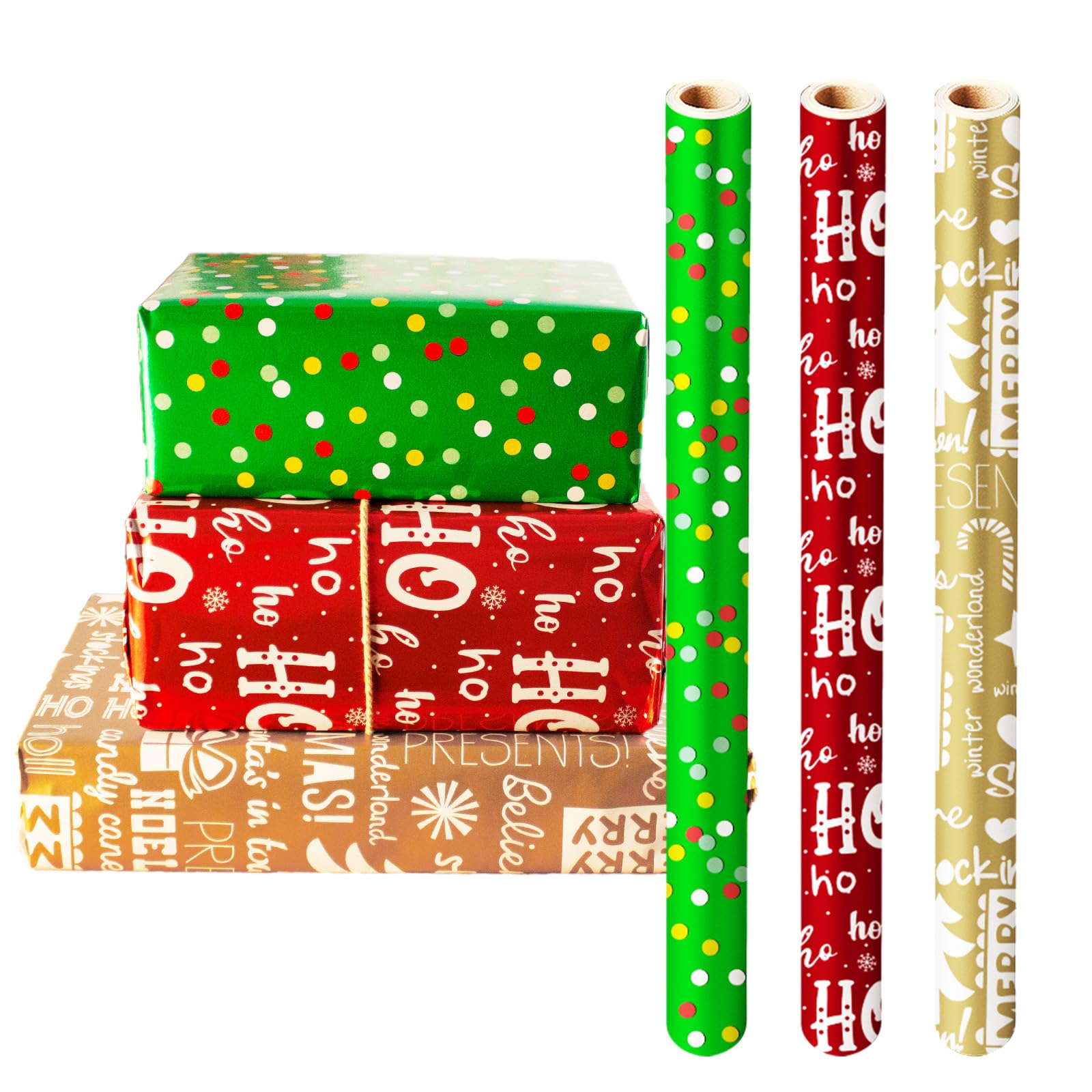 Oeyliz Christmas Wrapping Paper Red Green Gold Christmas Gift Small Wrapping Papers Christma Tree Snowflakes Small Dot Design 17 x 120 Inch Mini 3 Rolls Red Green Gold Gift Wrap Paper Xmas Gift Decor