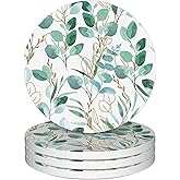 Drinks Coasters Set of 4, Sage Green Plants Round 4" Cup Coasters, Absorbent Ceramic Stone Coasters with Cork Base, Cute Coasters for Table Home Décor, Ideal Gifts for Women Men