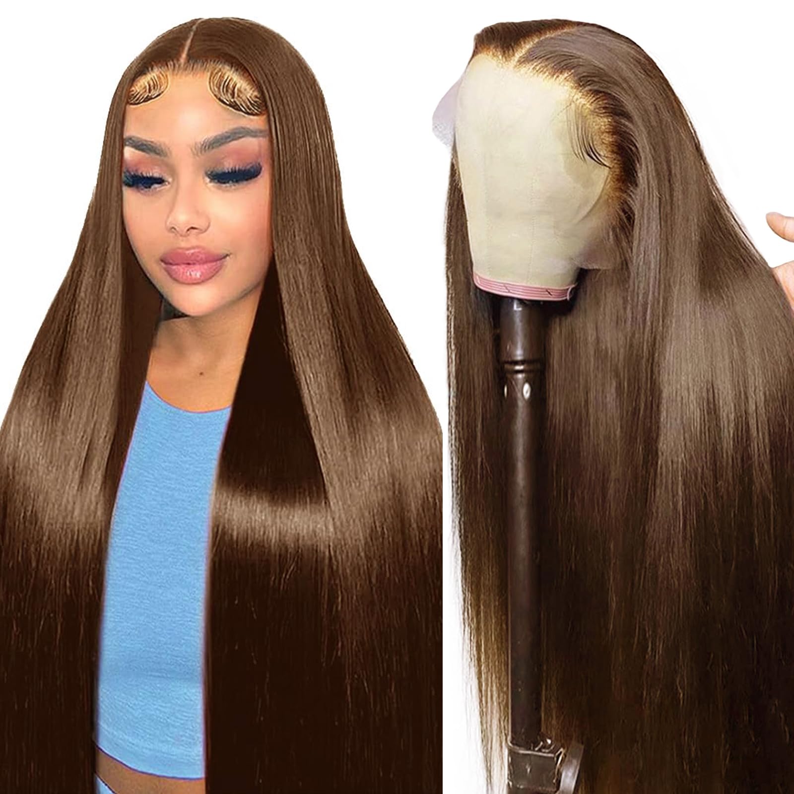 Tunfine 30Inch #4 Chocolate Brown Human Hair Wig,13x4 HD Lace Front Wigs Human Hair,Glueless Wigs For Black Women,Straight Frontal Wig 180 Density Real Hair Pre Plucked — image 1