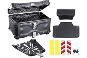 VEVOR Motorcycle Top Case, Universal Aluminum Alloy Motorbike Tail Box with Leather Lining, 65L Waterproof Detachable Motorcycle Top Box with Lock & Back Cushion, Fit for 99% of Motorcycle Frames