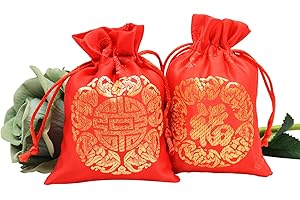 LOONELO LOONEO Good Luck Fortune Bag, Chinese New Year Gift Fortune Drawstring Bag, Embroidered Lucky Silk Style Brocade Pouch for Jewelry Gold Coin Product Packing Spring Festival Decorations (Red-1)