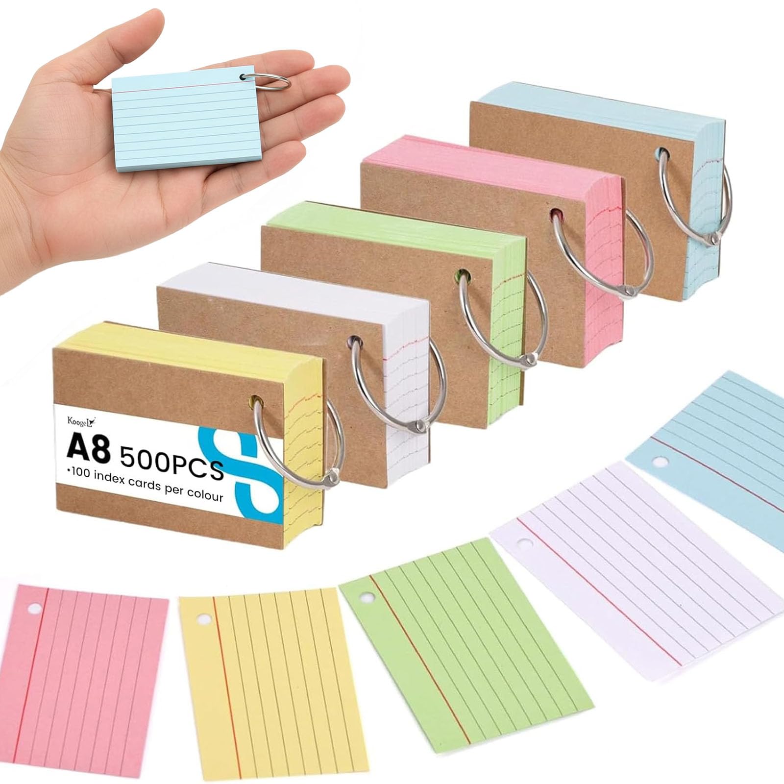 Koogel Mini Flash Cards A8 – 500pcs Colour-Coded Ruled Index Cards with Rust-Resistant Metal Rings – Pocket-Sized Study Notes for Revision, Vocabulary & Quick Notes