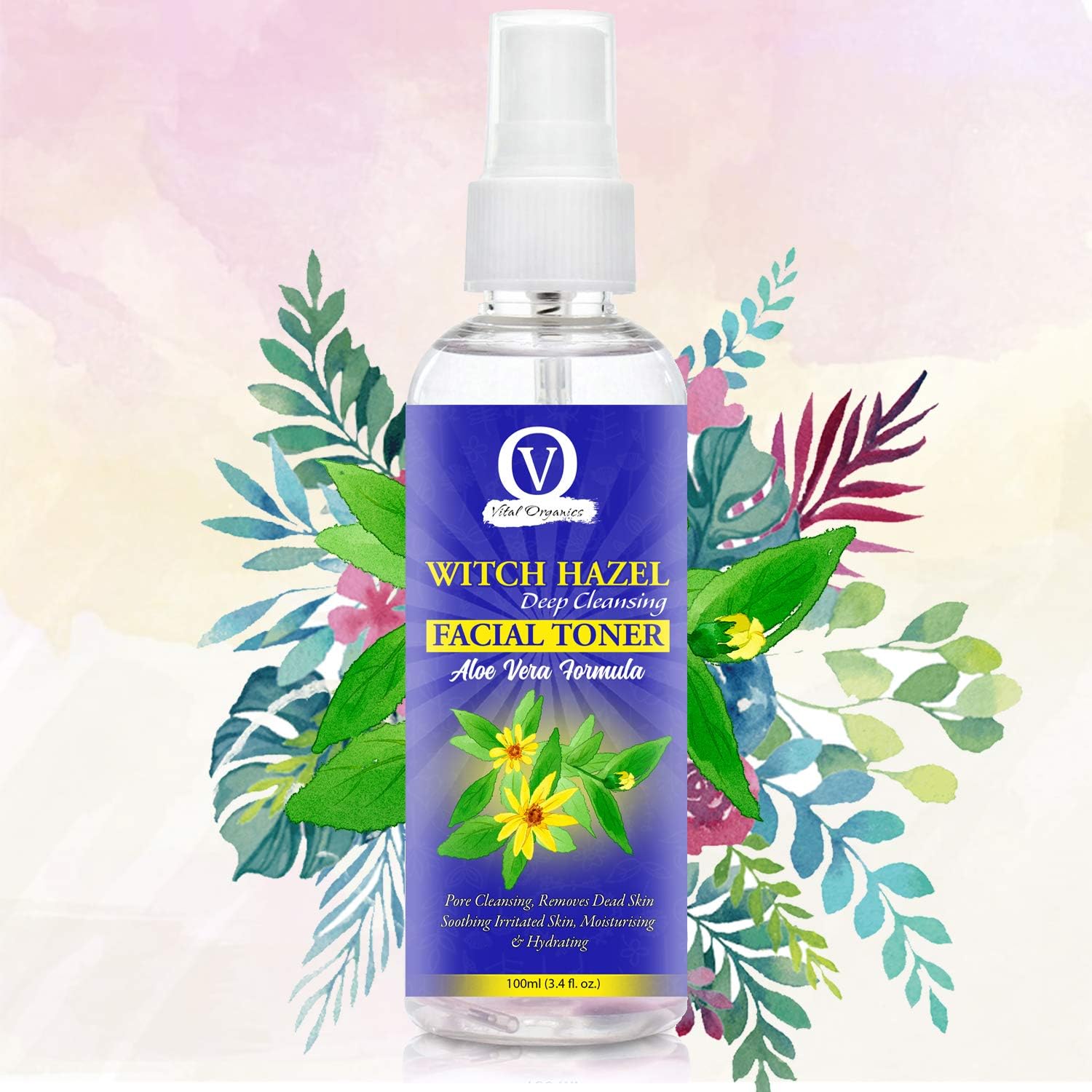 Vital Organics Witch Hazel Deep Cleansing Facial Toner With Aloe Vera - Pore Minimizer & Calming Skin Treatment For All Skin Types