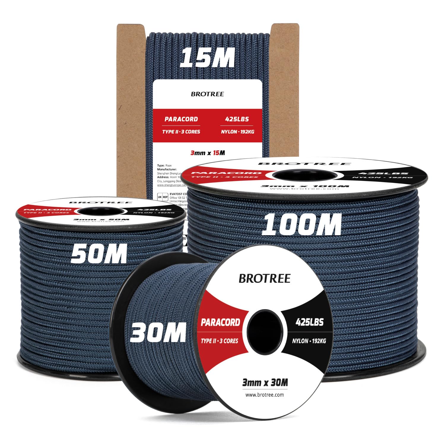 Brotree 3mm Paracord 425 100% Nylon 100M Rope 3 Strands Type II Parachute Cord for Outdoor, Craft, DIY - 192kg Breaking Load (Navy Blue)