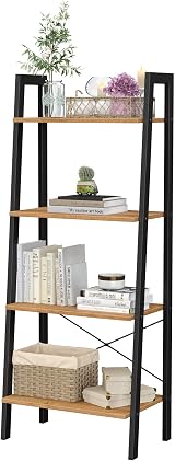 VASAGLE Ladder Shelf 4-Tier Bookcase Industrial Steel Frame Honey Brown Black view 5