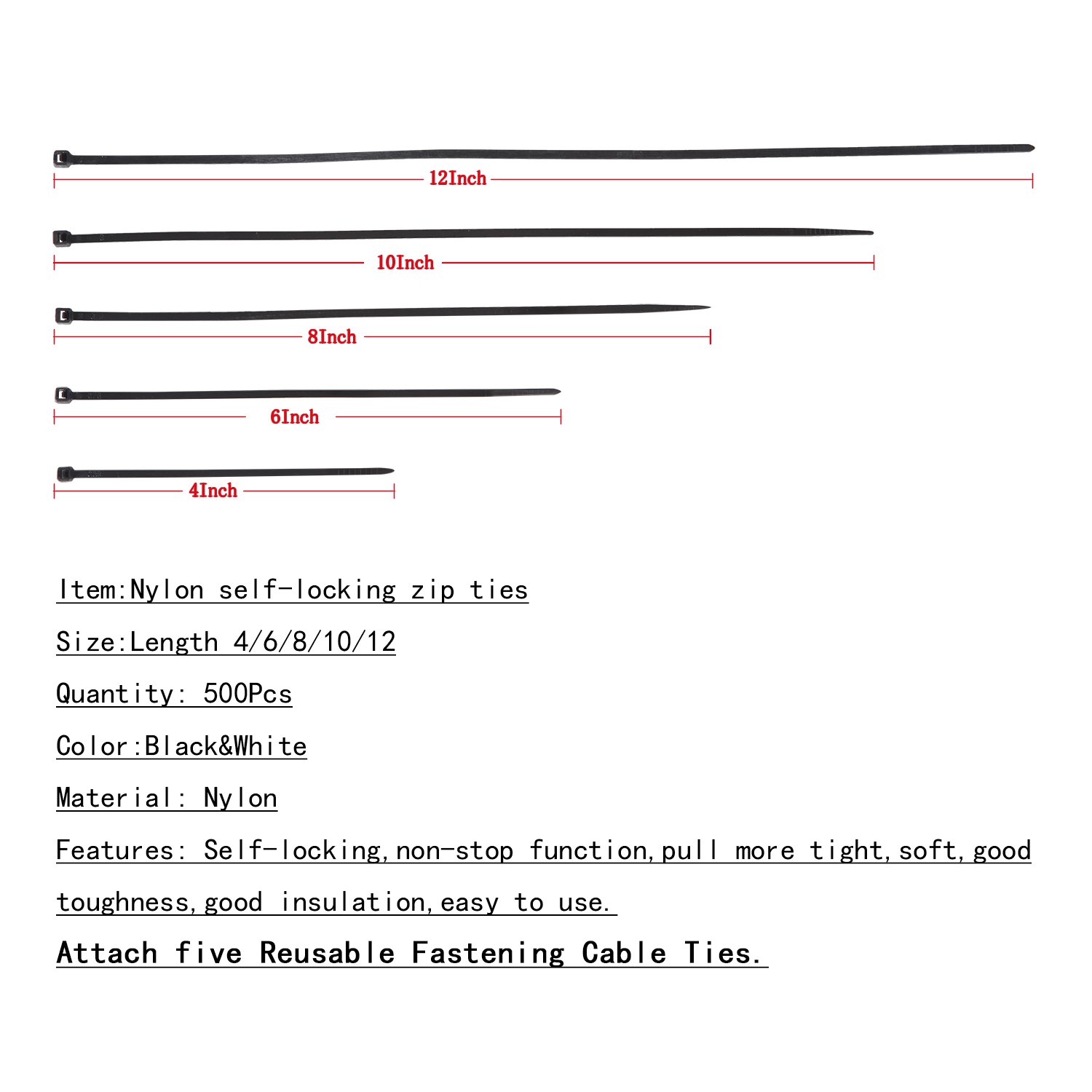 500 Pcs Nylon Cable Zip Ties Adjustable Durable Self Locking 4/6/8/10/12 Inch in Black&White