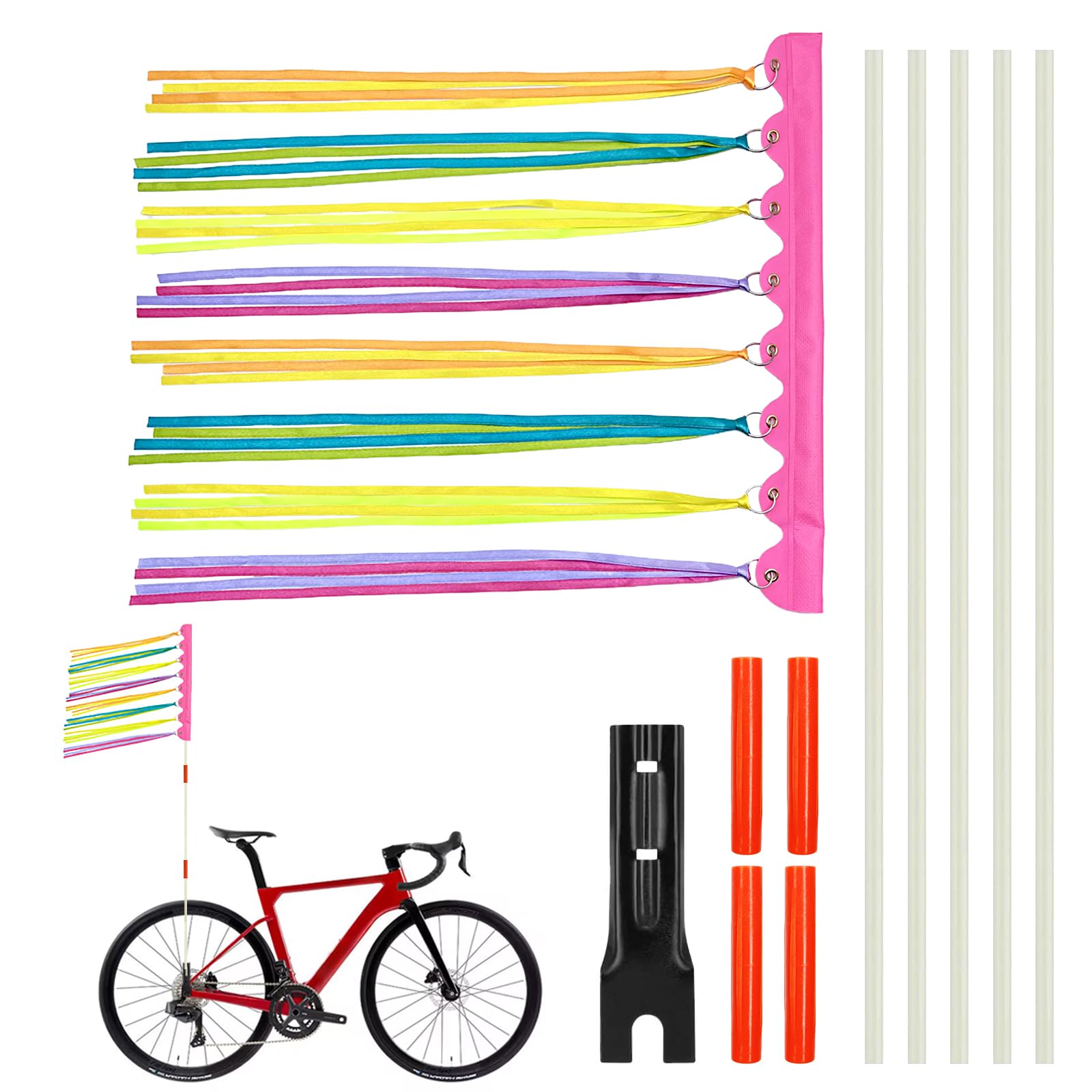 Photo 1 of Bike Flag with Pole for Safety 6 Ft Pink Warning Flag Colored Ribbon Flag for Bicycle and Stroller, Adjustable Height Heavy Duty Fiberglass Poles and Safety flag with 8 Ribbons