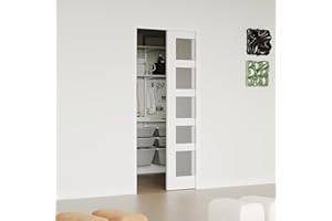 Lakenyon Sliding Pocket Door, 28 in. x 80 in, 5-Panel Frosted Glass with Frame and Hardware Kit Set, Solid Wood & MDF White-Primed Interior Door Slab for Pocket Doors, Pre-Drilled, Easy to Assemble