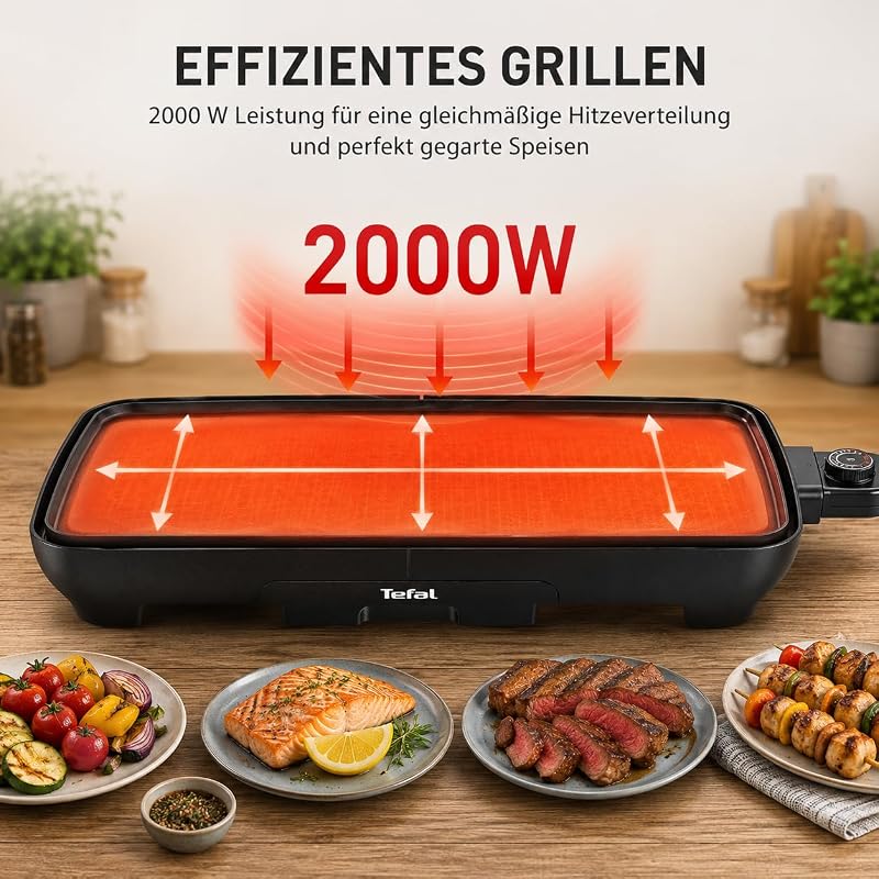 Malaga Plancha, Elektrischer Tischgrill, 2000 W, extra große Grillfläche, stufenlos regelbarer Thermostat, Antihaftbeschichtung, Thermo-Spot, Fettablaufrinne, für 6–8 Personen, Schwarz, CB501812