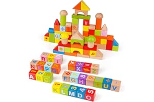 AGIRLGLE 100Pcs Wooden Building Blocks Set- Wood Stacker Stacking Blocks Game Toys for Toddlers , Multiple Shapes, Numbers Blocks and ABC Alphabets Blocks- Baby Wooden Blocks for Kids Learning and Playing