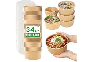 50 Count 34 oz Disposable Meal Prep Containers with Lids, Soup Serving Bowls Disposable Paper Bowls | Microwave-Safe | for Pa