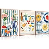 3Pcs Blue Striped Dining Room Food Wall Art Colorful Funky Kitchen Wall Decor Pictures Vintage Kitchen Plant Posters Prints Pasta Night Painting for Dining Room Kitchen Home Decoration Unframed