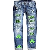 XuttHJH St Patricks Day Ripped Jeans Womens Irish Shamrocks Printed Festive Denim Pants Straight Leg Cuffed Democracy Jeans