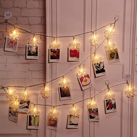 Snowflake Led Photo String Lights 20 Photo Clips Battery Powered