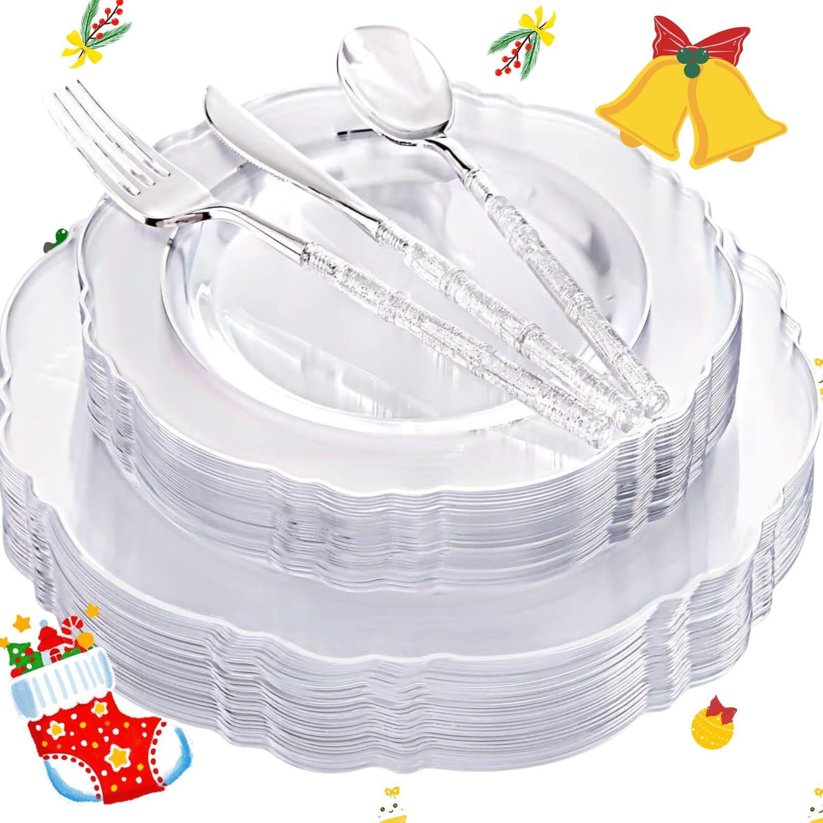 Liacere 150PCS Clear Silver Plastic Plates & Disposable Silver Plastic Silverware with Glitter Bamboo Handle Cutlery-Baroque Clear Disposable Plates for Wedding & Easter day & Mother's Day Image