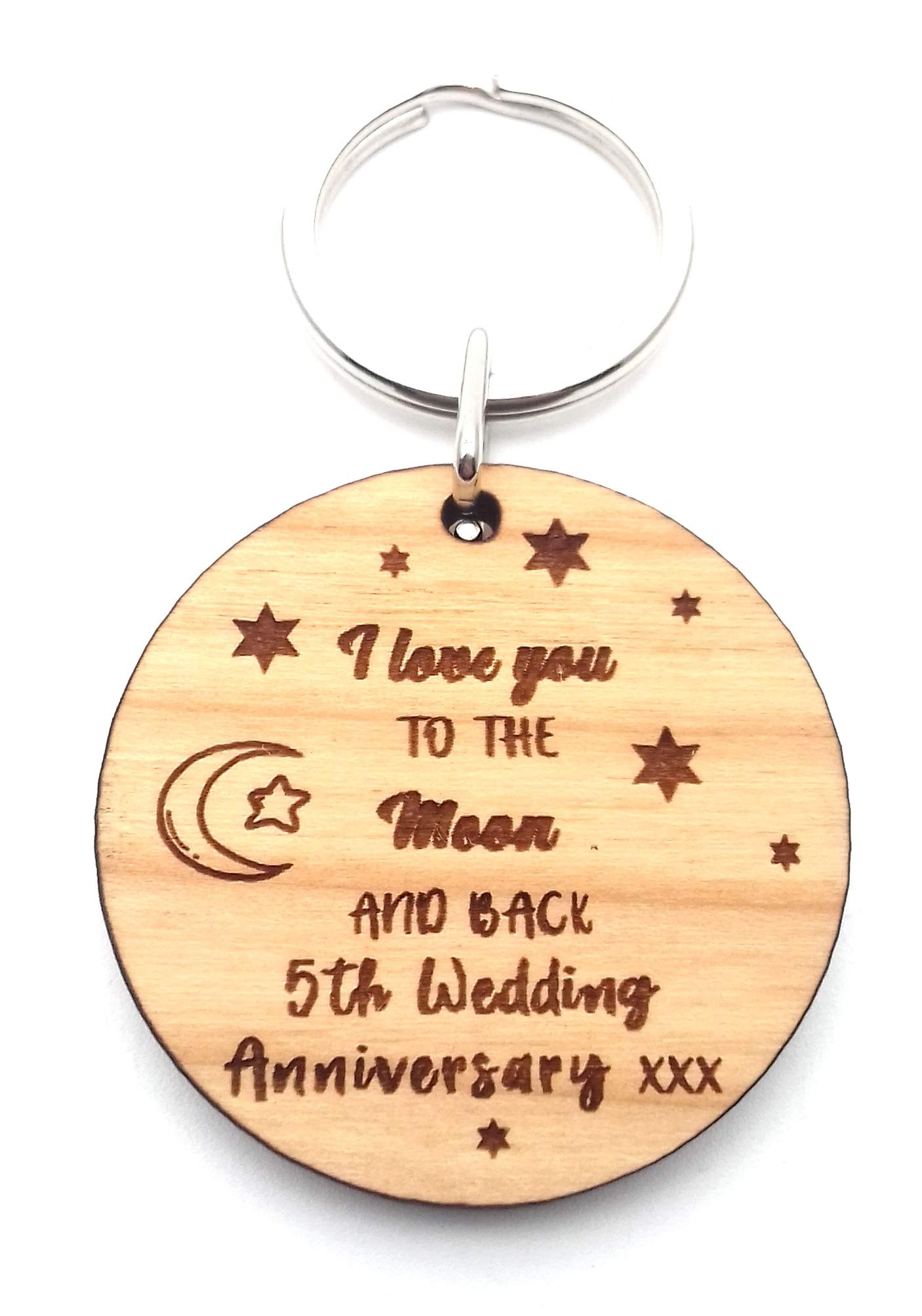 5th Wedding Anniversary I Love You to The Moon and Back Wooden Wood Keyring Key Ring for Her Him Wife Husband