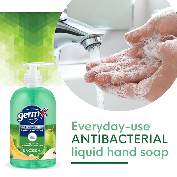 GERM-X ANTIBACTERIAL HAND SOAP, 12 OZ (PACK 4), MOISTURIZING LIQUID HAND WASH FOR KITCHEN OR BATHROOM, PH BALANCED & DERMATOLOGIST TESTED, CRISP PEAR & SUMMER MELON SCENT, PUMP BOTTLE