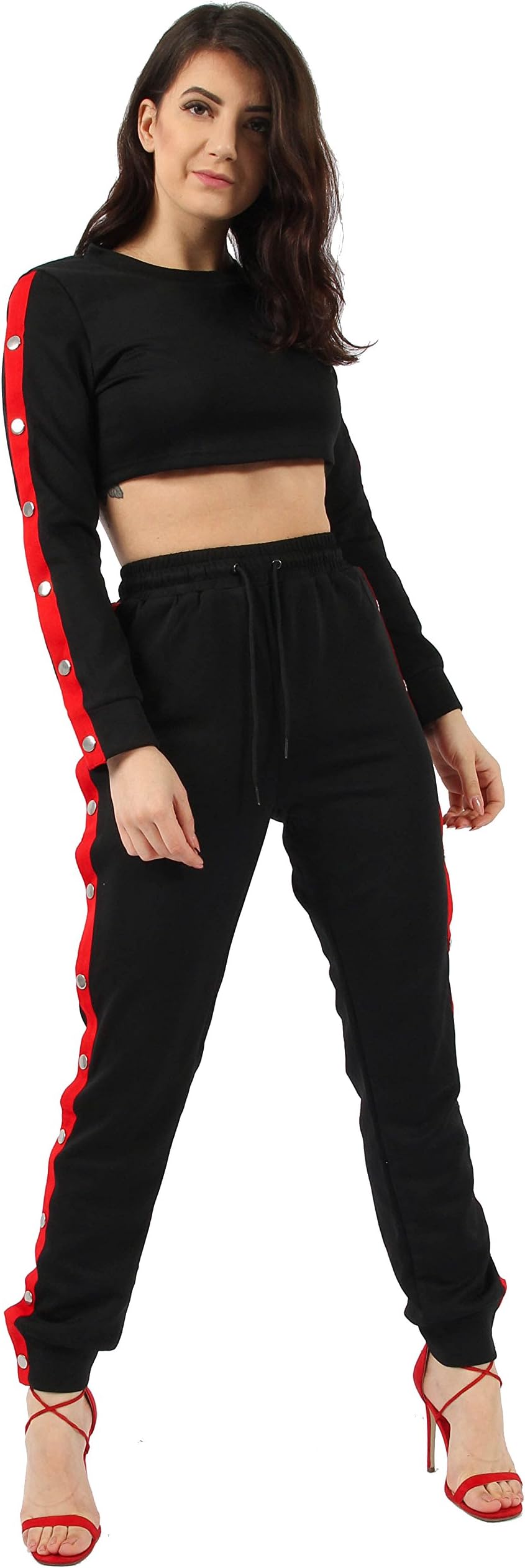 Missi London New Womens Ladies Popper Crop Top & Jogger Co-Ord Tracksuit Lounge Suit (14, Red)