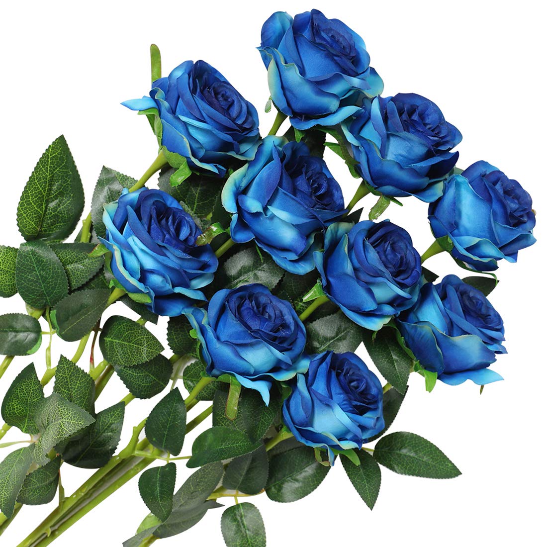Veryhome 10 Pcs Artificial Roses Silk Flowers Fake Single Stem Blooming Rose Bridal Bouqets For Wedding Home Birthday Party Arrangment Garden Decoration (Blue)