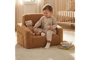 SUFUS Toddler Baby Chair Couch Sofa Kids Foldable 2-in-1 Sherpa Fold Out Couch Toddler Chairs Comfy for Boys & Girls Convertible Kids Furniture lounge chair for Playroom with Double Pockets, Dark Camel