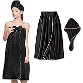 KOIKEY Women Bath Towel Wrap - Adjustable Soft Microfiber Shower After Body Wraps with Hair Drying Towel Absorbent & Quick Drying for Gym Shower, Beach, Spa, Sauna, Black