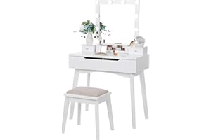 BEWISHOME Vanity Desk with Lighted Mirror, Makeup Vanity with Lights, White Vanity Set Makeup Desk with 4 Drawers 2 DIY Dividers Removable Organizer Stool, Small Vanity Table Girls Vanity FST10W