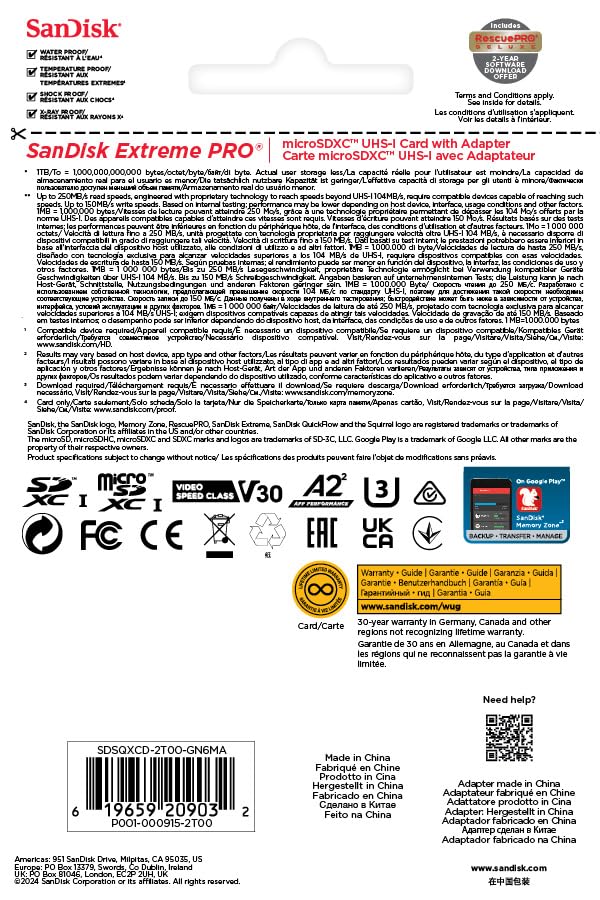 SanDisk 2TB Extreme PRO microSDXC™ UHS-I Card, Up to 250MB/s Read Speed; Up to 150MB/s Write Speed, SDSQXCD-2T00-GN6MA