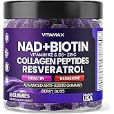 NAD+, Resveratrol, Berberine, & Biotin Anti-Aging Gummy - Hair, Skin, Nails & Joint Supplement - Collagen Peptides, Keratin, Zinc, Vitamin K2 & D3 Gummies -Regeneration- Non-GMO - Made in USA 60 Count