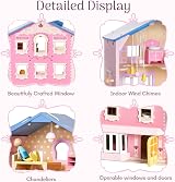Giant bean Pink Wooden Dolls House with Dolls & Furniture, Foldable Portable view 7