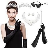 HADM Womens Costume Accessories Set Hepburn Costume Jewlery Set For Evening Party Pearl Necklace Earrings Opera Gloves