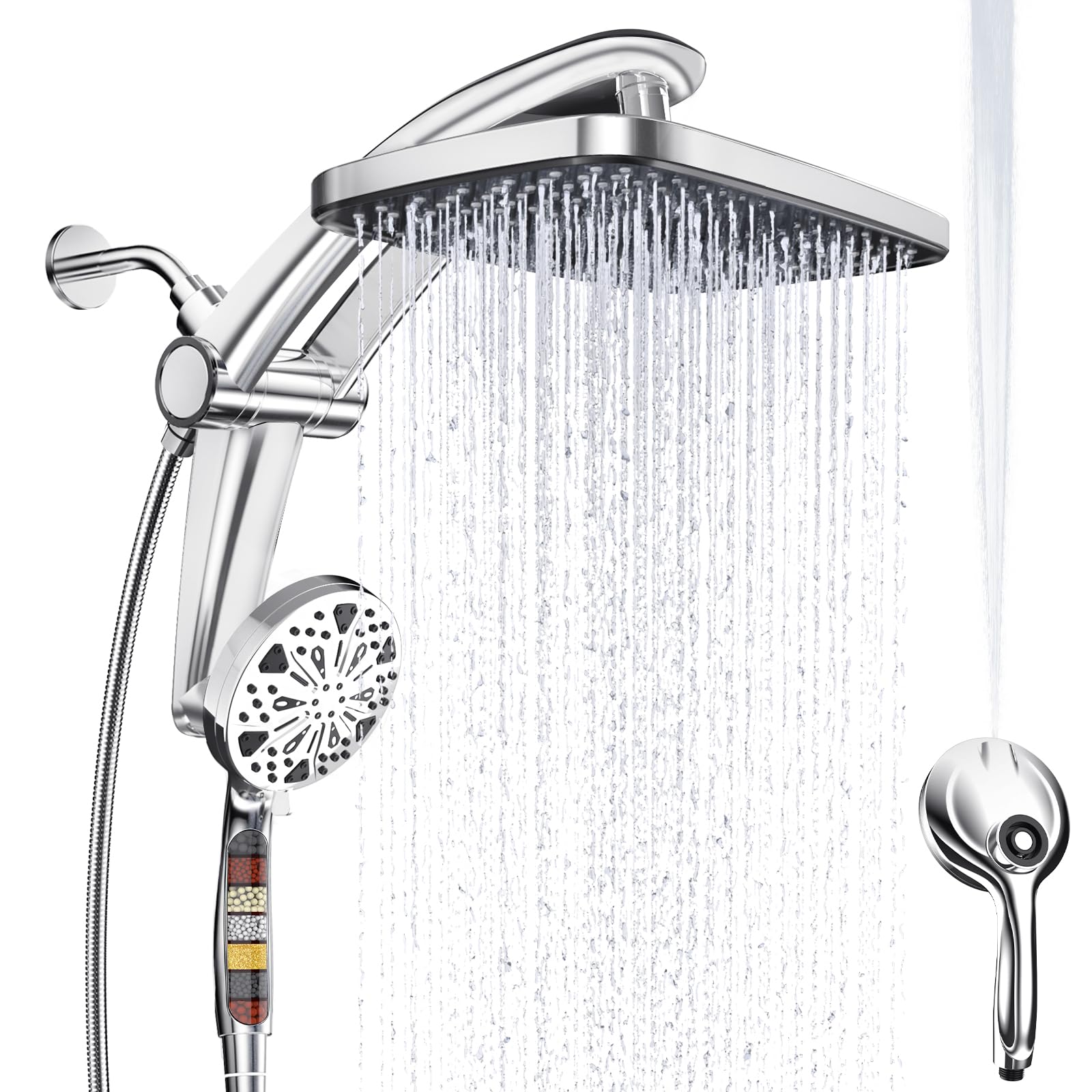 Rain Shower Head with Handheld High Pressure rainfall Shower Heads with Handheld Spray Combo Adjustable one-piece stand daul shower head Built-in Magnetic Docking and Power Jets Image