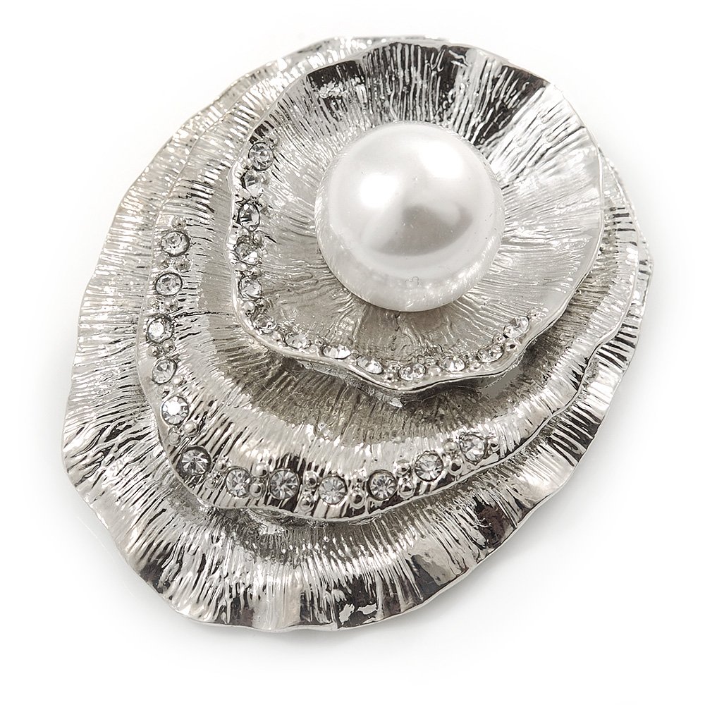 Layered Crystal 'Shell' with Pearl Brooch In Silver Tone Metal - 45mm L
