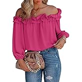 evnanic Womens Casual Off Shoulder Tops Long Sleeve Ruffle Flowy Chiffon Blouses Shirts