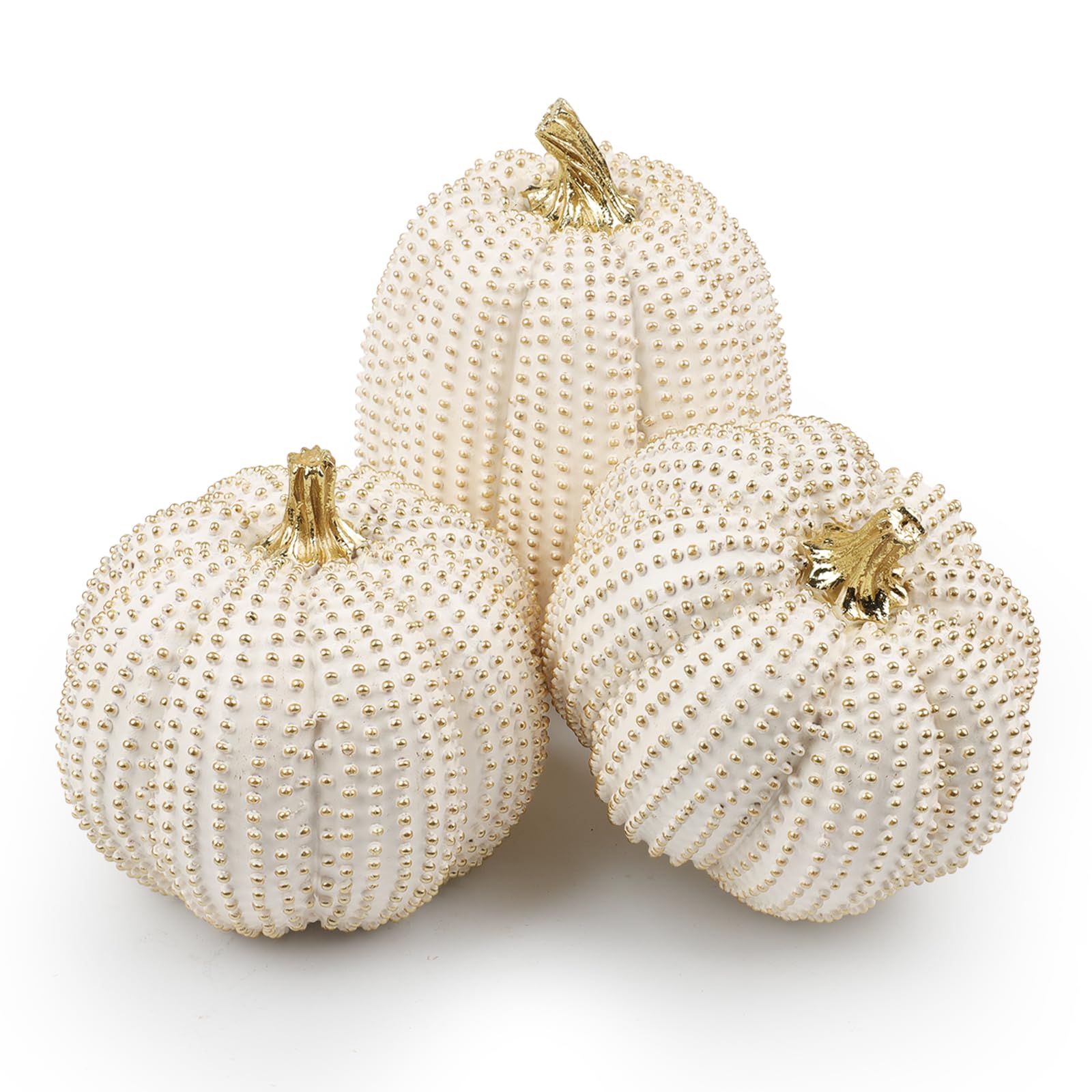 Songjum 3PCS Resin Pumpkin Statues Autumn Pumpkin Decor White and Gold Glitter Pumpkins for Table Centerpiece for Farmhouse Autumn Gift Kitchen Mantel