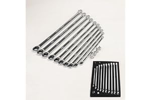 FLZOSPER 14-Piece Extra Long Double Box End Ratcheting Wrench Set，Metric Chrome Vanadium Steel Spanner with EVA Foam Tool Org