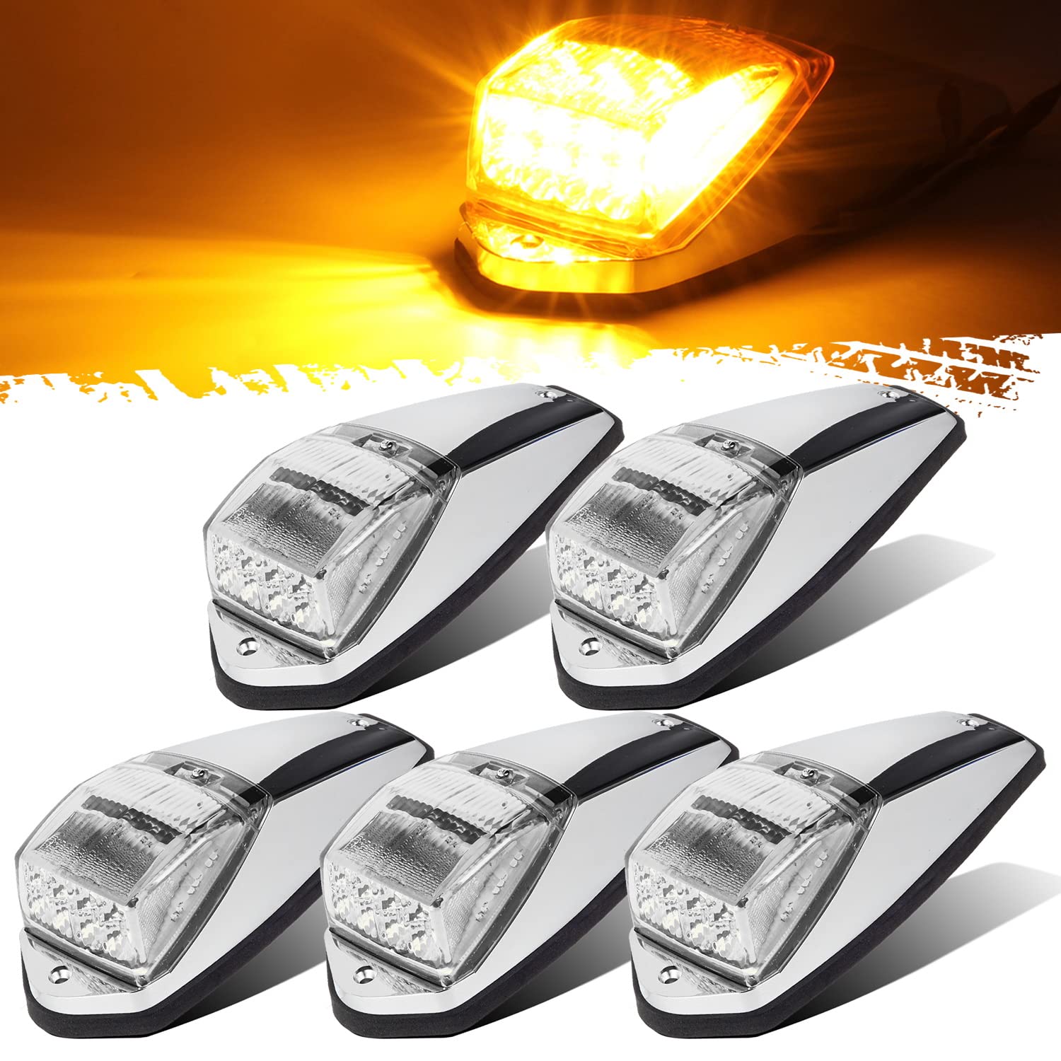 Photo 1 of Partsam 5pcs Clear Lens 31LED Amber Cab Marker Top Roof Running Lights w/Chrome Base Compatible with Peterbilt/Kenworth/Freightliner//Western Star/Mack/International/Paccar Trailer Trucks