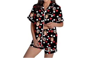 BOXIACEY Women Custom Pajama Set Personalized Pet Face Photo Heart Print Pajamas Button Short Sleeve Shirts Soft Sleepwear