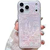 iFiLOVE for iPhone 17 Pro Max Bling Liquid Castle Fireworks Case, Cute Luxury Sparkle Flowing Glitter Quicksand Shockproof Protective Case Cover for Girls Women Kids (Pink)