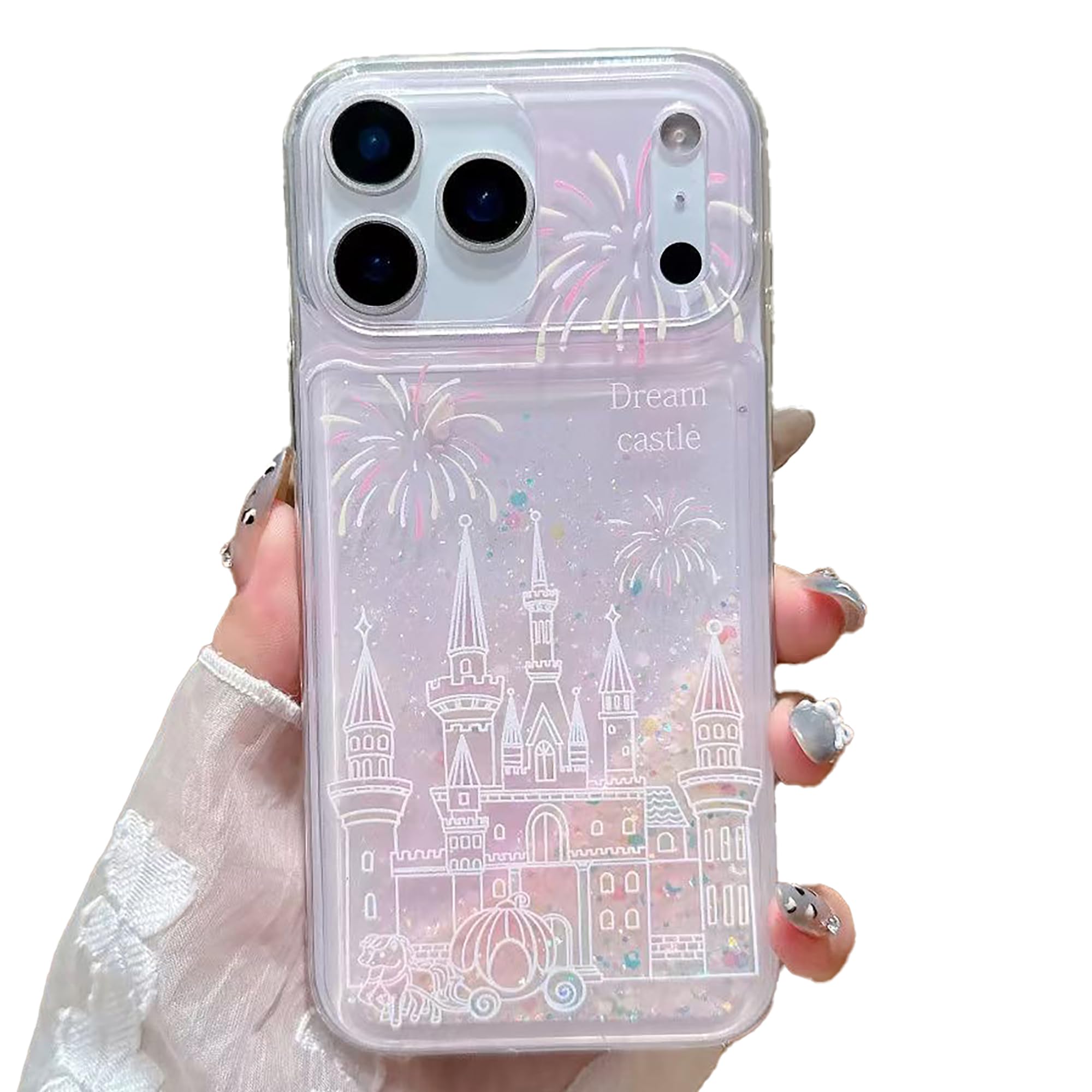 iFiLOVE for iPhone 17 Pro Max Bling Liquid Castle Fireworks Case, Cute Luxury Sparkle Flowing Glitter Quicksand Shockproof Protective Case Cover for Girls Women Kids (Pink)