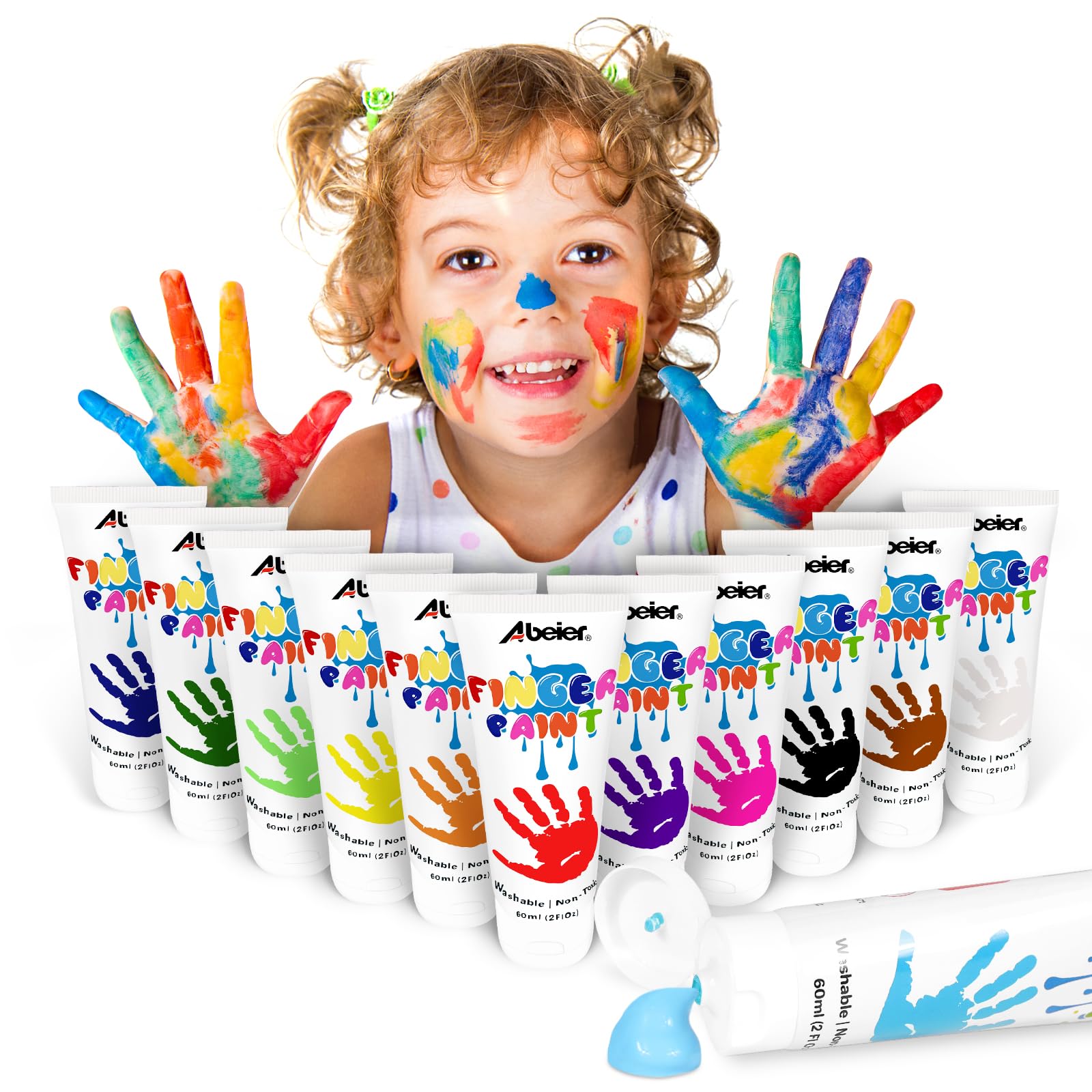 ABEIER Washable Finger Paint for Toddlers, Safe Non-Toxic, 12 x 2oz Vibrant Colors, Baby Safe Paint for Hand and Feet, Mess Free Art Supplies for Kids, Preschool Learning Gifts, Ages 3 4 5 6+