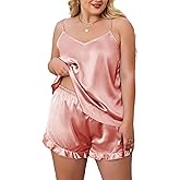 XAKALAKA Plus Size Satin Pajamas Set for Women V Neck Pjs Cami Top and Shorts Ruffle Silk Lingerie Nightwear
