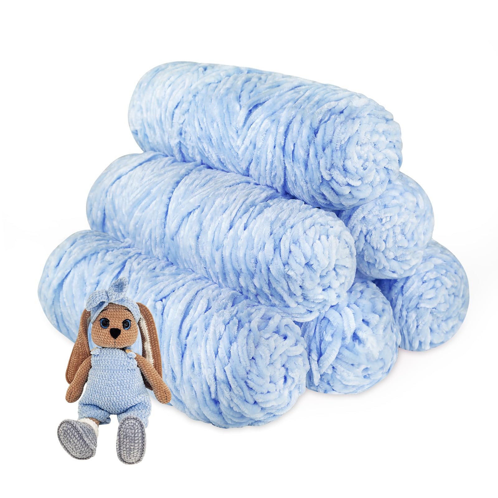 Crochet Yarn Chunky Yarn for Crochet Chunky Wool for Knitting 100g Balls x 6 Chenille Yarn Wool for Crochet Kits for Beginners Adults for Handmade Crafts Hats Blankets Scarves(Light Blue, 6pcs-600g)