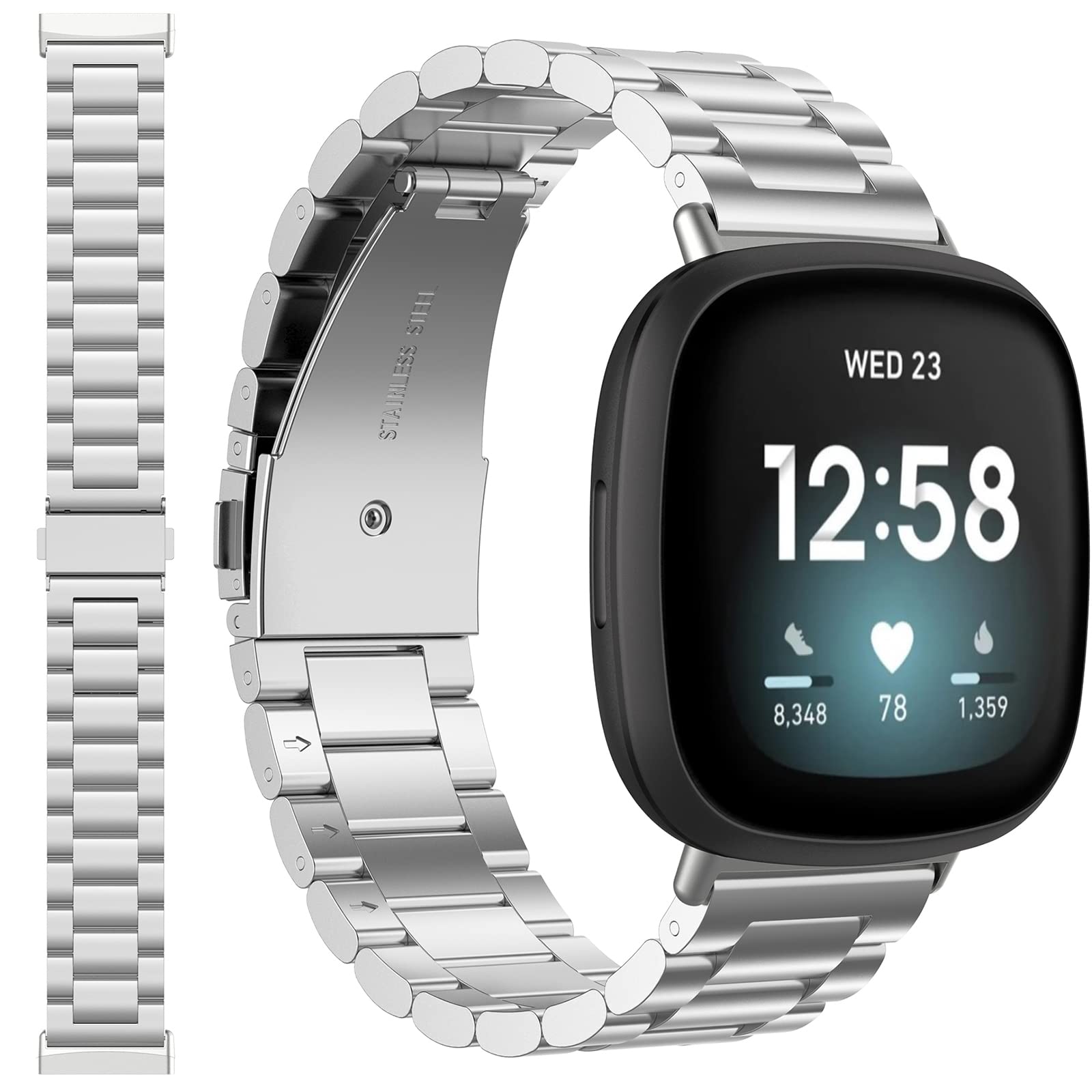 Miimall Metal Strap Compatible with Fitbit Versa 4/Fitbit Versa 3/Fitbit Sense 2/Fitbit Sense, Stainless Steel Band with Folding Clasp, Adjustable Replacement Bracelet Wristband, Silver — image 1