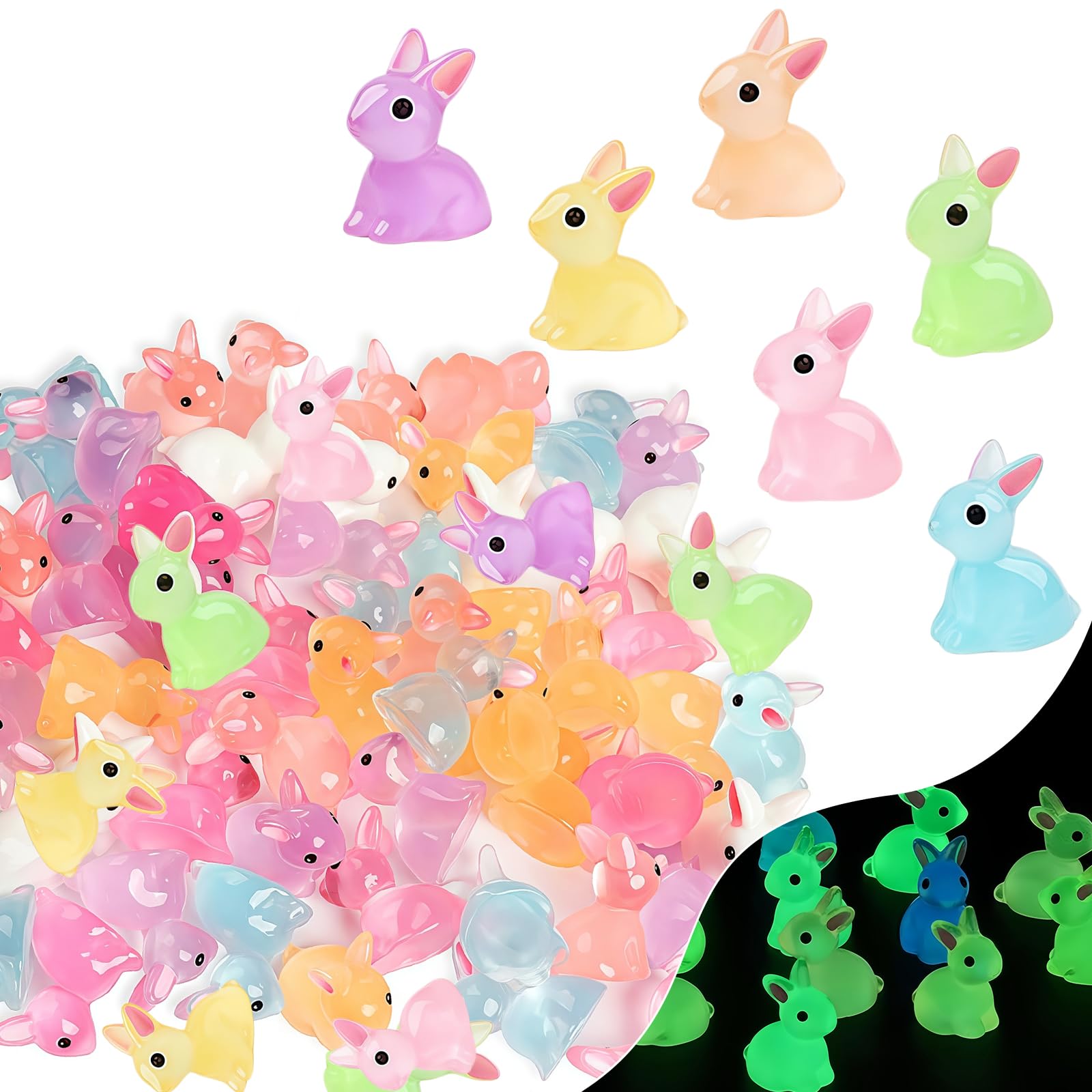 60pcs Mini Rabbits, 6 Colors Luminous Small Resin Tiny Bunny Little Miniature Plastic Easter Bunny Figurines Duck Bulk for Garden Landscape DIY Miniature Dollhouse Easter Egg Fillers Party Favors