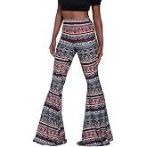 Women High Waisted Bell Bottom Yoga Pants Paisley Floral Flared Leggings | Tribal Pants for Women, Boho Printed Flare Leggings, Retro 70s Bell Bottoms, Stretch Pull On Pants for Yoga, Dance, Party
