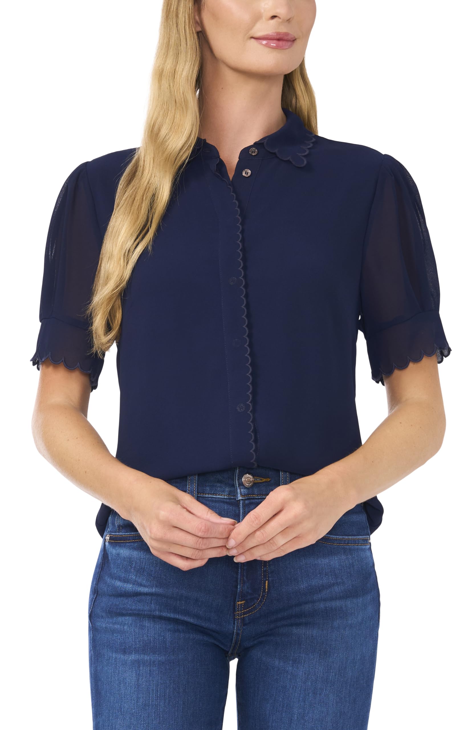 Short Sleeve Scallop Trim Button Up Top Classic Navy