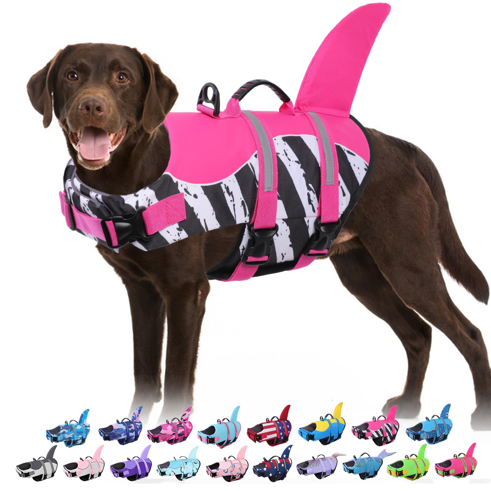 Bess Bridal Dog Life Jacket - Shark Life Vest for Swimming Boating - Reflective Lifejacket Swimsuit for Small Medium Large Dogs - High Buoyancy Lifesaver Preserver with Rescue Handle, Splash Ink XL Image