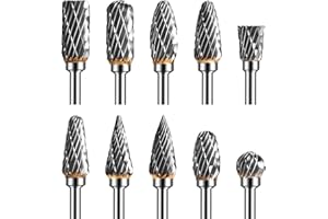 Double Cut Carbide Carving Bits for Rotary Tool, 10 Pcs Rotary Burr Set with 1/8” Shank and 1/4" Head Length for DIY, Woodwor
