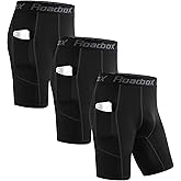 Roadbox Men's Compression Shorts with Pockets, 3 Pack 9'' Performance Running Base Layer for Workout Sports Underwear
